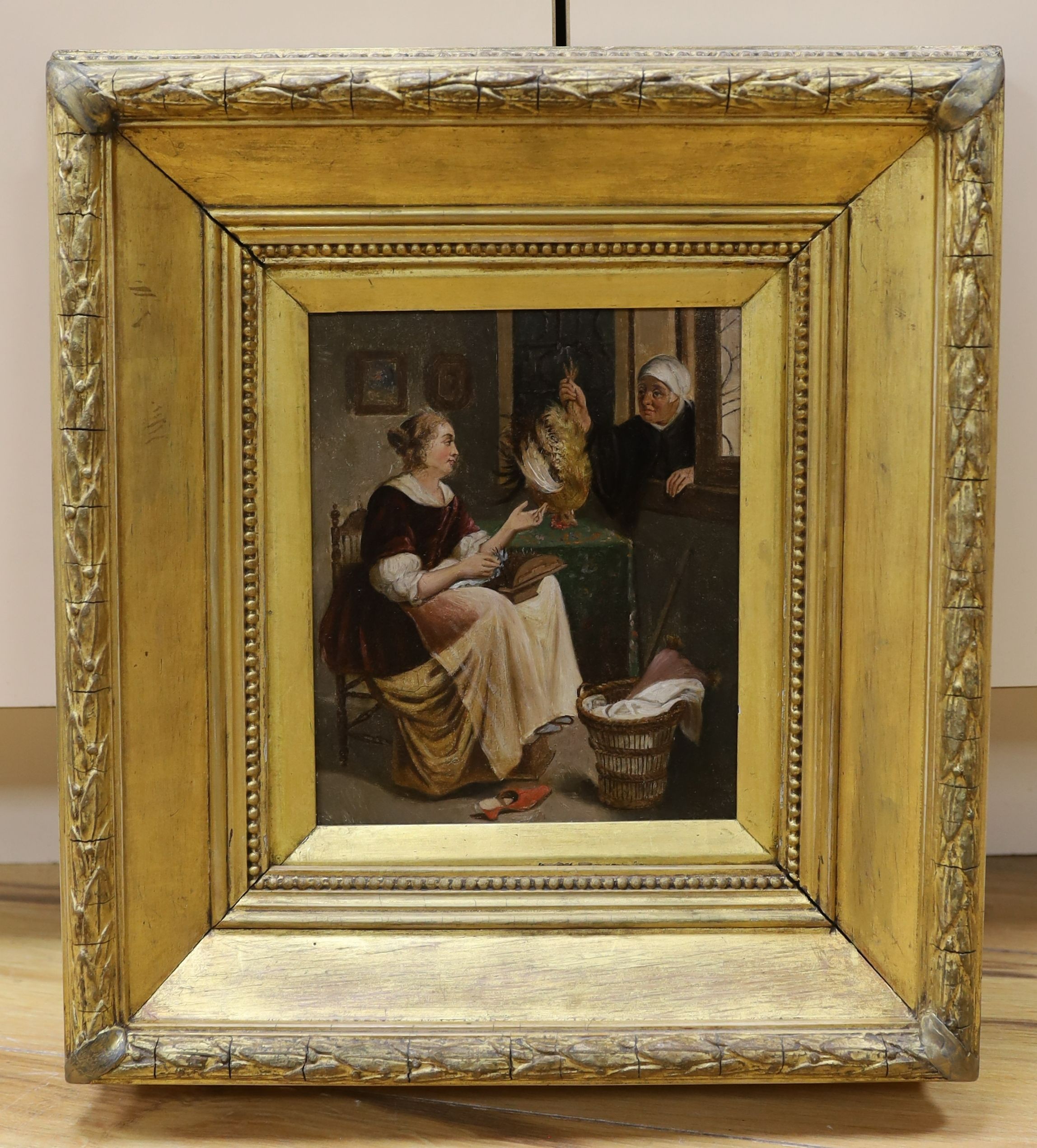 19th century German School, oil on zinc panel, Interior with lady at lace-making and a poultry seller, 20 x 16cm